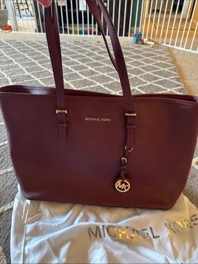 Michael Kors Wine Saffiano Leather Tote with Gold Hardware